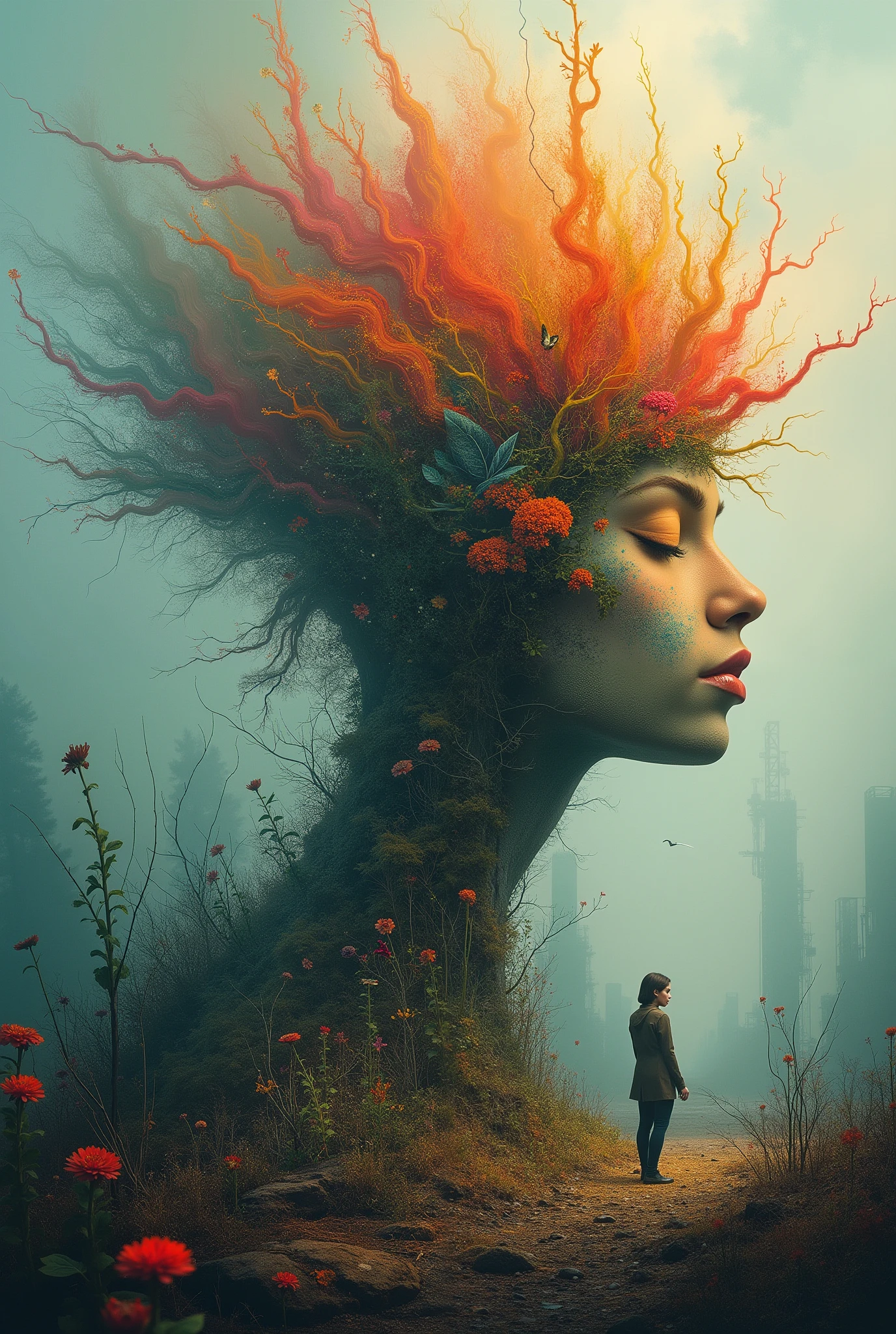 Half mind or brain and half heart flowers reborn and also butterflies that say psychological consultation 