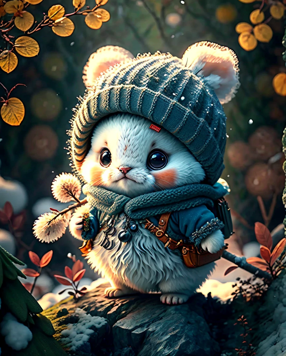 Highest quality、" 剣と盾を手に持つcute生き物たち. 、（Location: Forest ）,The season is winter、   Details , In 8K、Highest quality、 cute creatures dressed as adventurers 、 He has an axe in his hand、 medieval adventurer costume  、(((cute)))、