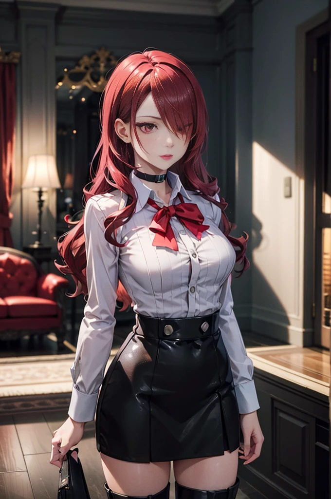   The best quality , ( masterpiece :1.3),  Cinematic lighting , ultra-detail, (highres:1.1), mitsuru kirijou, standing, front view,  looking at the spectator, long dark red hair, ( hair covering a right eye ),  detailed eyes , red eyes,  Big breasts, choker:1.6, red bow on the chest , ((White buttoned shirt)), (shiny black miniskirt), (black boots), elegant room, mansion, night}