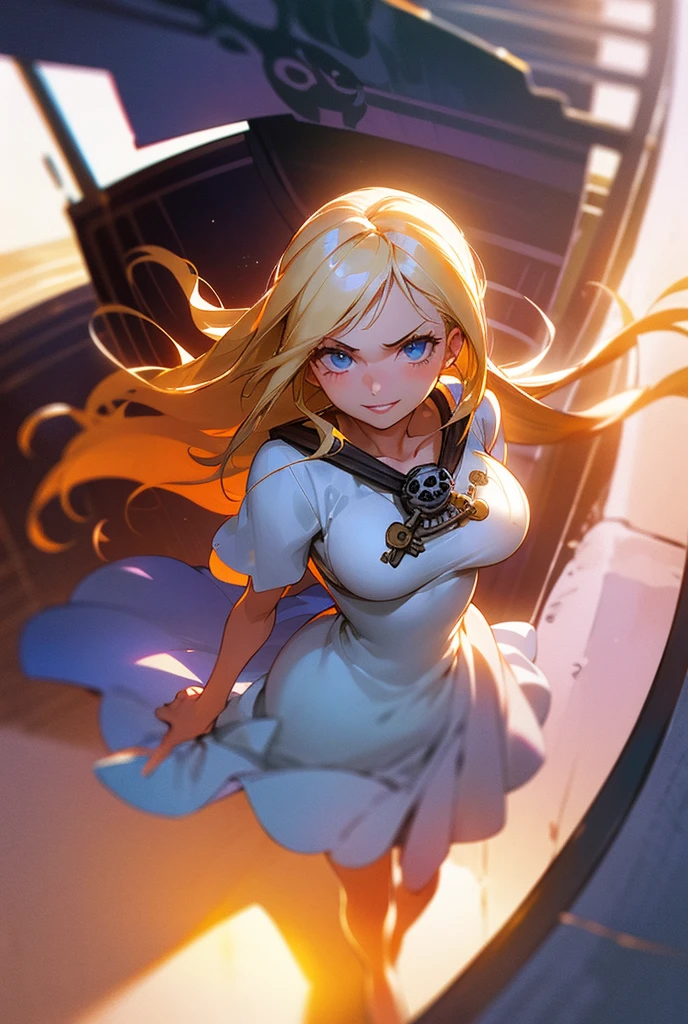 1 girl,  long hair ,  High resolution , breasts, Rice, blue eyes,  Fringe between the eyes, Backlighting, Necessary, HD model, Blonde hair, shiny hair,  Split Fringe, hair in the wind, Light blush,  red lips , Sparkling eyes, shy, pursed lips, Vanishing point, brilliance, silhouette, Flowering, Scanlines, ANIME STYLE, anime, Illustration, dress, playful smile, mar, ocean, sailing, PIRATE, one piece, top view, wavy hair, voluminous hair, Alone, boat, ship, ship PIRATE