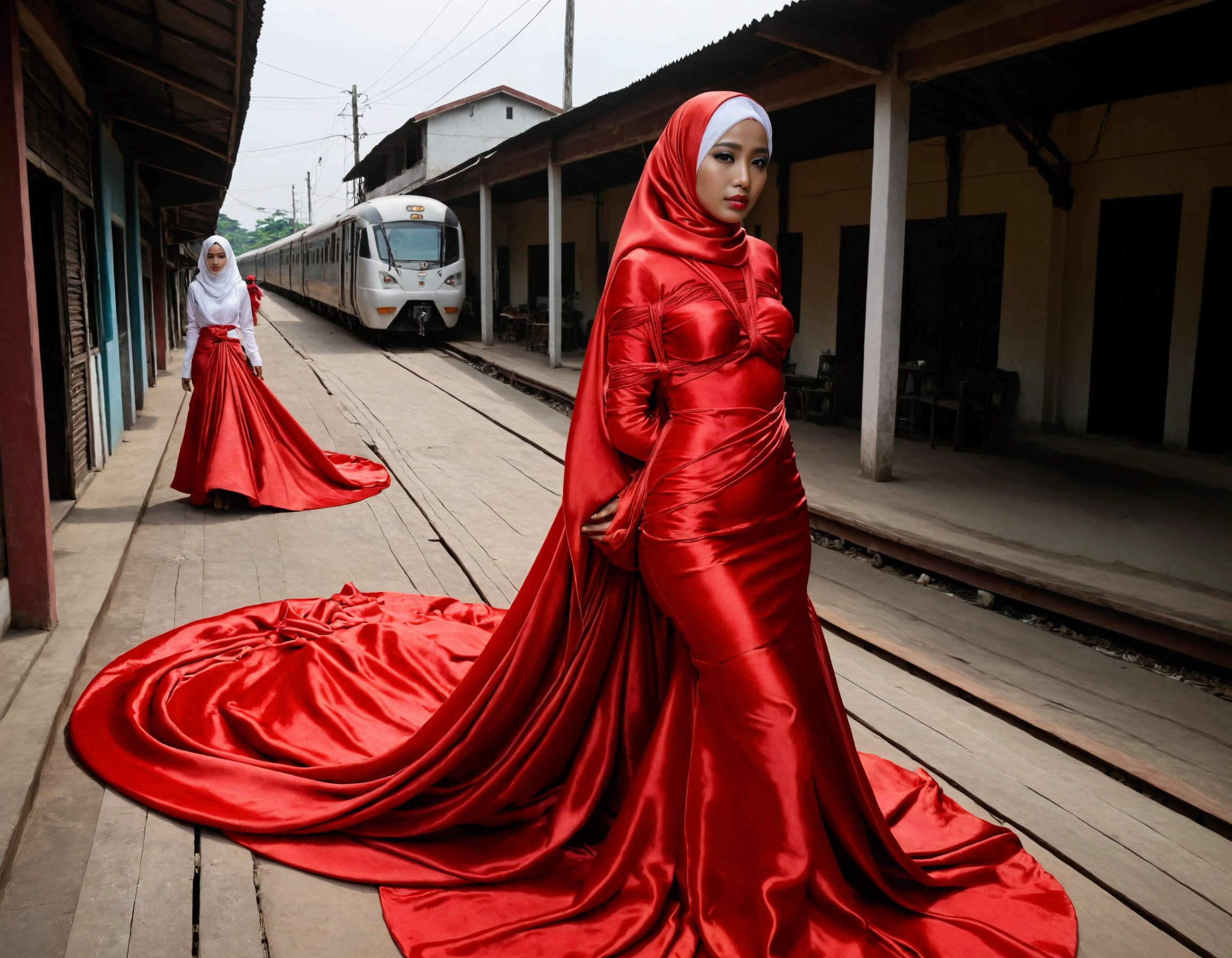 A woman shrouded in a 9-meter-long, plush red satin cloth, tightly bound and grandly draping along the form of her body, flowing off into a pooled floor-length train, styled in a mermaid-inspired outfit, her head modestly veiled in a satin hijab, 175 height woman, walk in indonesian vilage street, a full-body pose conveying a sense of elegance, captured in a 4k resolution, ultra-realistic