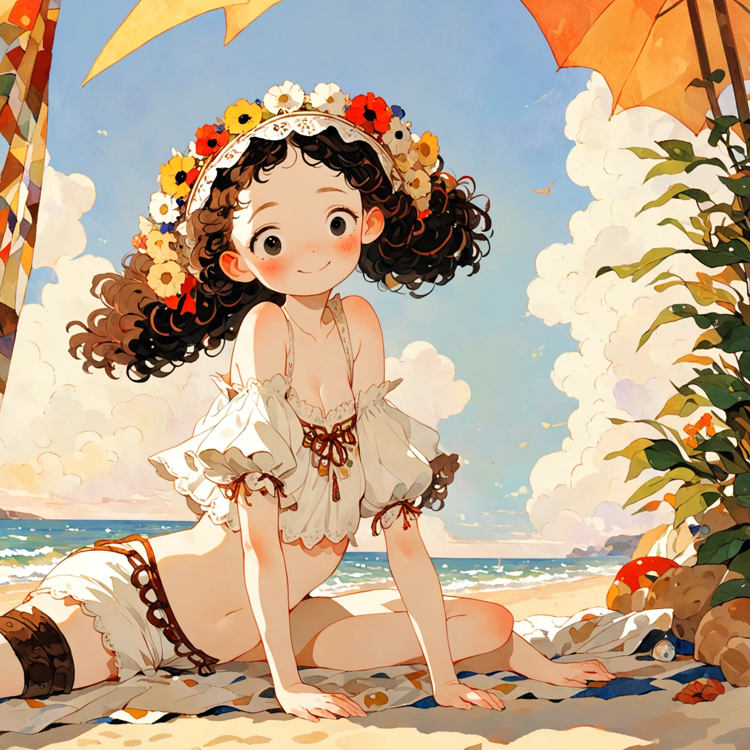 1 girl, forehead, black curly lower-twintail, black eyes, shy pose, little fat, white medieval uniform, headdress, smile, enjoy sunbathing at beach, sunset, looking away, midriff peek, Decolletage, shirt, shorts, from below, Egon Schiele: Expressionism style, Gustav Klimt: art-nouveau style, Peter Paul Rubens: Baroque style,