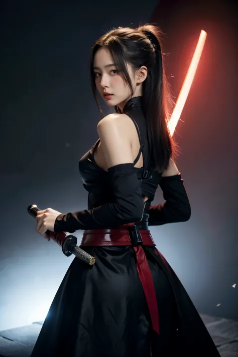 a woman with a sword and a black outfit holding a red sword, katana zero video game character, female protagonist 👀 :8, official...