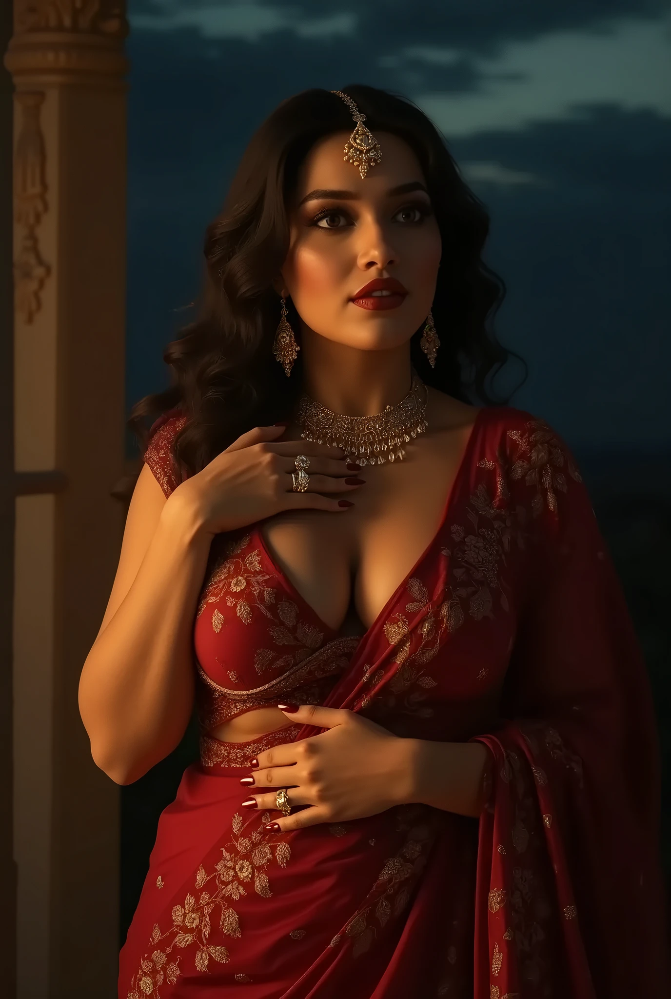 a woman in a red and orange sari sitting on a swing, sunny leone, very seductive pose, sexy movie photo, sari, dressed in a sari, inspired by Raja Ravi Varma, sensuous, movie stills, seductive pose, movie stills photography, indian goddess, gorgeous woman, bollywood, she is dressed as a belly dancer, hot fire goddess, print ready, big , cleavage show