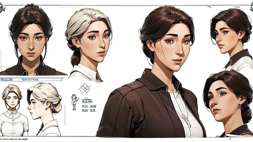 ((character concept art)), ((character design sheet, same character, front view)), head shot, (masterpiece), (Best quality), (perfect face), illustration, 1girl, mature age, (thick thighs), detailed hair, pretty face, happy, plain background