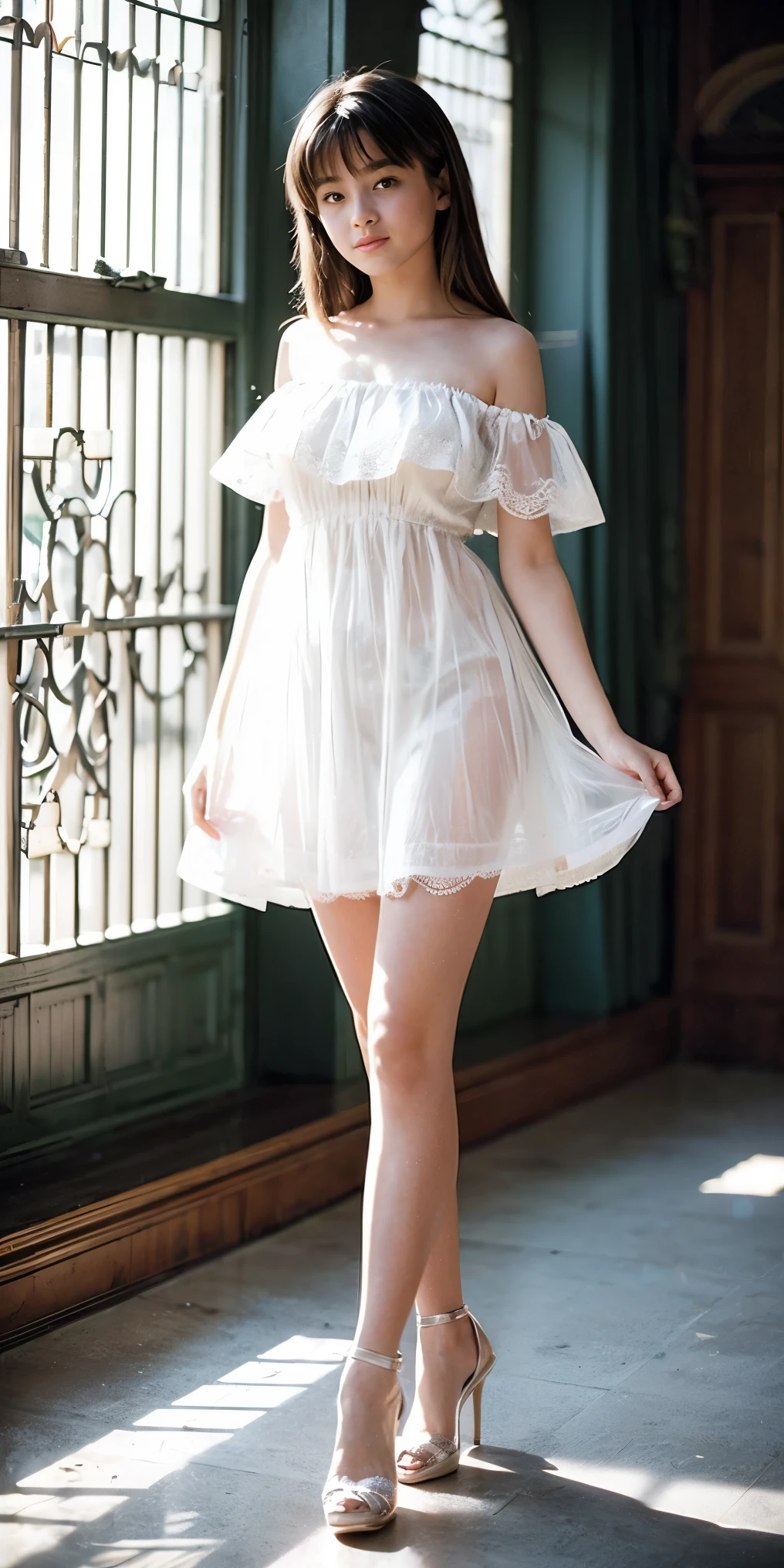   Overlooking the Kingdom of the Night   ,    Medium Long Brown Hair Fluttering in the Style  , bangs ,   White Off Shoulder Sheer Lace Super Mini Dress, Sophisticated Person  ,  Light Gray Pantyhose Full of Transparency and Shiny  ，  Cute White High Heels  