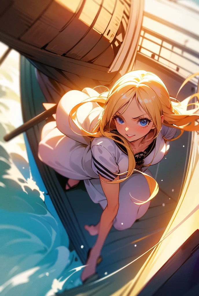 1 girl,  long hair ,  High resolution , breasts, Rice, blue eyes,  Fringe between the eyes, Backlighting, Necessary, HD model, Blonde hair, shiny hair,  Split Fringe, hair in the wind, Light blush,  red lips , Sparkling eyes, shy, pursed lips, Vanishing point, brilliance, silhouette, Flowering, Scanlines, ANIME STYLE, anime, Illustration, dress, playful smile, mar, ocean, sailing, PIRATE, one piece, top view, wavy hair, voluminous hair, Alone, boat, ship, ship PIRATE, bombordo do ship,  observing landscape