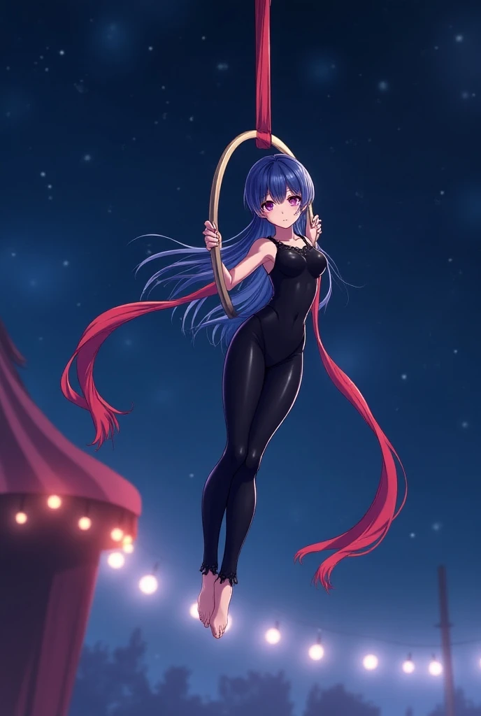 Starlight flickering, violet eyes, purple and turquoise hair, hairlong, big breastes, naked body, naked ass, Female genitals, Oriental-style room,  A big smile, in full height, Squatting, Vertical pole, nightclub, legs separated, frontal view