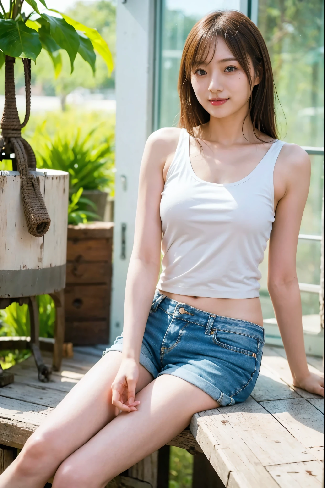 (8k, RAW Photos, Best Quality, masterpiece: 1.2),  high resolution RAW color photo, Professional photos, (Realistic, Realistic photos: 1.37), Cinema Lighting,  1 girl、 black hair with long hair 、Healthy tanned skin、Sandy Beach、There is a woman standing facing the front、Full body image、Distressed denim shorts、Asian woman in Arafedo wearing grey tank top, Mayuri shiina, Young and cute gravure idol, Young Sensual Gravure Idol,Beautiful breasts、Nipples、smile、 slender、Attractive body,