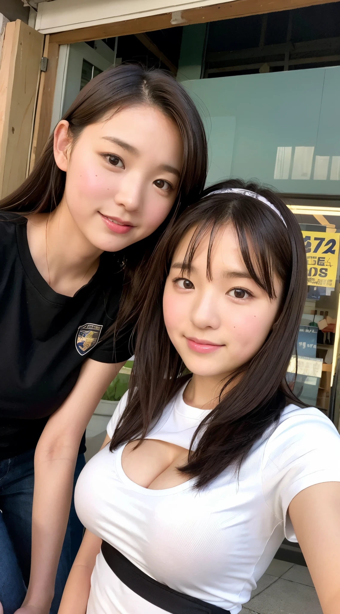 smile、１４age、Bandana on head、T-Shirts、Ramen shop、Big Breasts, Junior high school students 、、 black eyes 、、Narrow eyes、、Good growth、、ミニスカートBig Breasts, Junior high school students 、uniform、 black eyes 、Narrow eyes、 thighs plump 