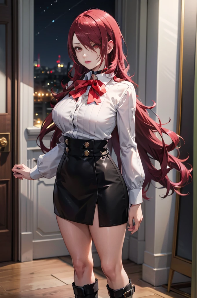   The best quality , ( masterpiece :1.3),  Cinematic lighting , ultra-detail, (highres:1.1), mitsuru kirijou, standing, front view,  looking at the spectator, long dark red hair, ( hair covering a right eye ),  detailed eyes , red eyes,  Big breasts, choker:1.6, red bow on the chest , ((White buttoned shirt)), (shiny black miniskirt), (black boots), elegant room, mansion, night}