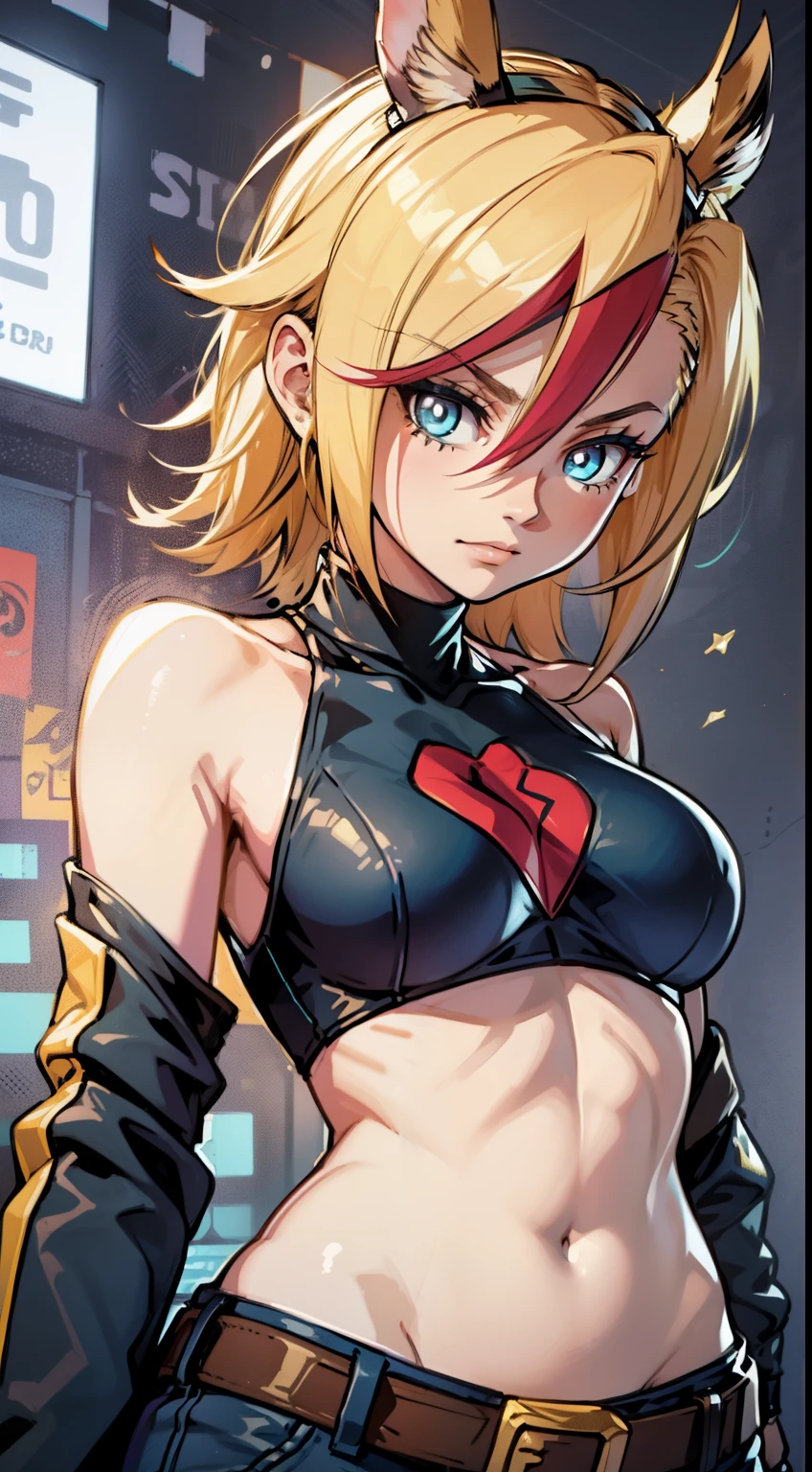 young girl, longue blonde hair, Hairpin with a bundle, turquoise eyes, Yakuza tattoos, red tight top, Sleeveless, Wide neckline on the chest to the abdomen, Gold Elements, Red gold armor, Shorts, claws, smirk, Masterpiece, hiquality, 4k, HD, Good details, front view, masterpiece, ultra high quality