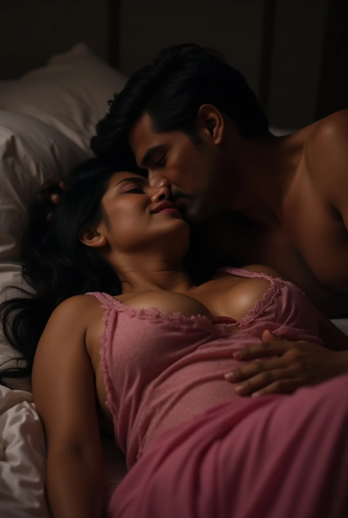 (photorealism:1.2), Beautiful Mature Indian Woman with Fat Belly Lying nude on bed with large Breasts Exposed and Making Love with a Young Boy, Dim light in the room, Night outside the window.
