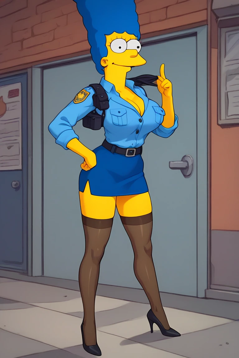 Marge Simpson very beautiful smiling with a super sexy body ((big breasts)) blue hair, with A female police officer in a provocative uniform, including a tight-fitting dark blue jacket with metallic insignia, a short skirt, a belt with silver details, and a classic officer's cap. She wears black stockings and high heels. The scene is set in a police station or urban environment, with a focus on highlighting the authority and sensuality of the outfit, while maintaining a bold yet elegant style.