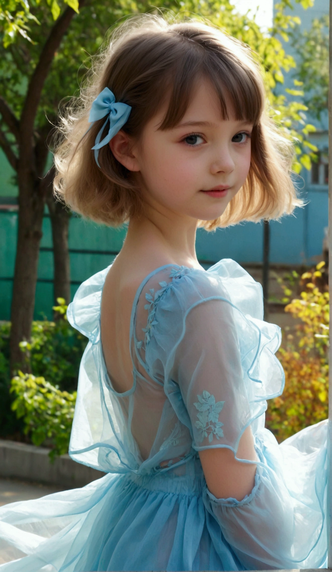 Prettiest girl, the cutest girl, sweet young girl on the schoolyard, relaxing, age 9 with beautiful small-budding breast, pale skin, juveniles physique, charming adolescents girl, wear light-blue sheer fabric dress that show off her unique cuteness, thin sheer fabric, translucent clothes, full-body, wind blows her short skirt