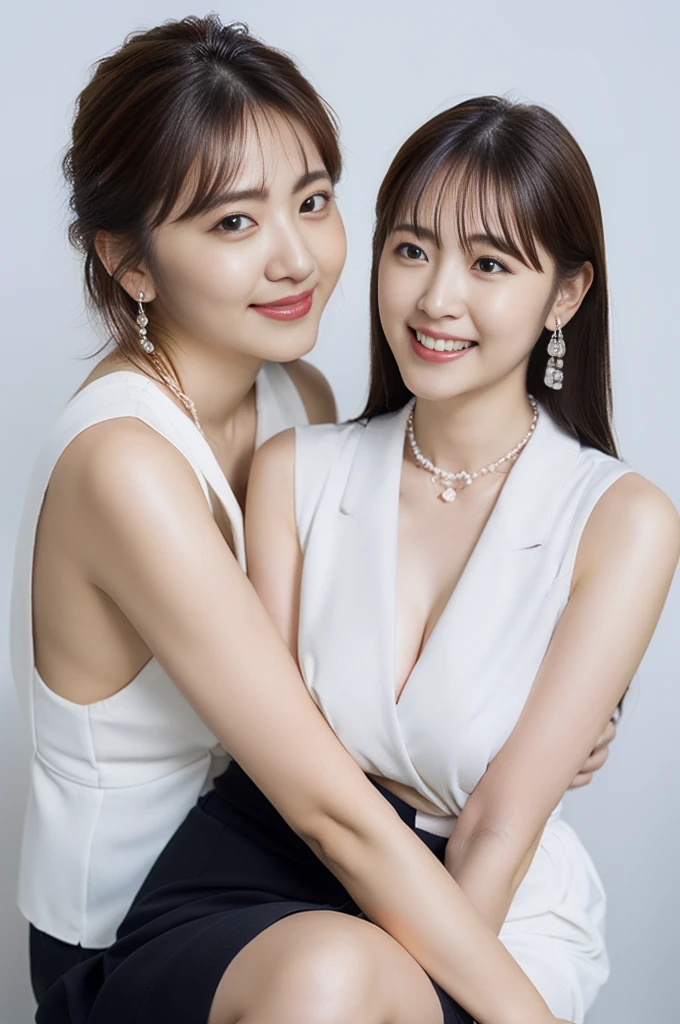 Highest quality, masterpiece, Ultra-high resolution, (Realistic:1.4),Very detailed,Professional lighting smile,Black Hair、Smiling with teeth showing、Black Hair、ear piercing、Necklace around the neck、hairstyle short cut,Fair skin,tall,Beautiful big breasts,Half Japanese and half Russian,Only one woman
