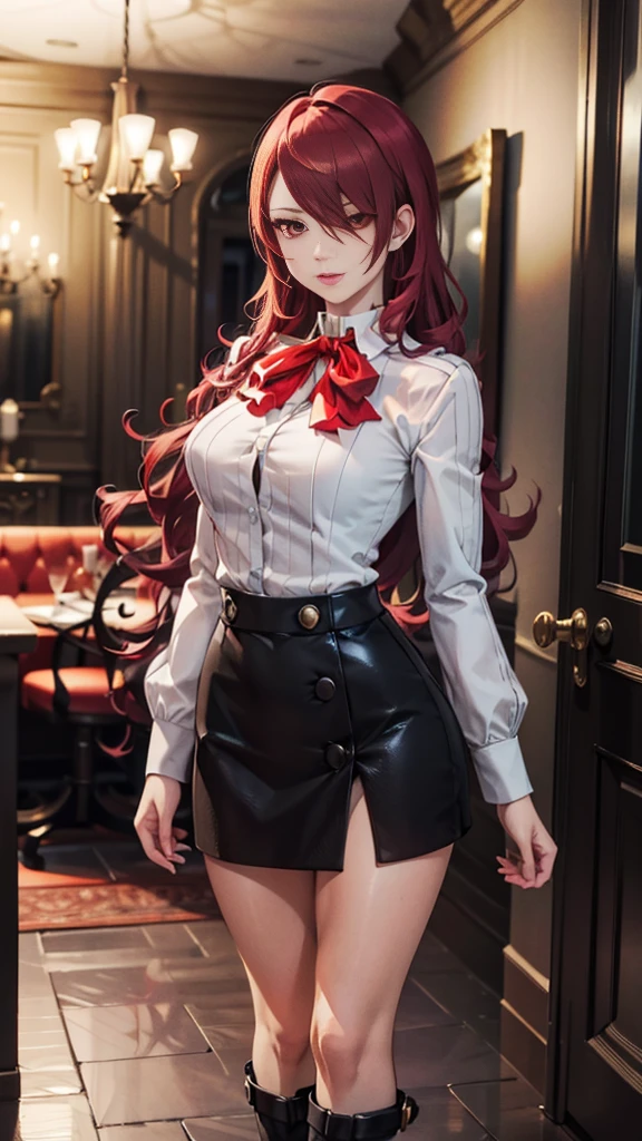   The best quality , ( masterpiece :1.3),  Cinematic lighting , ultra-detail, (highres:1.1), mitsuru kirijou, standing, front view,  looking at the spectator, long dark red hair, ( hair covering a right eye ),  detailed eyes , red eyes,  Big breasts, choker:1.6, red bow on the chest , ((White buttoned shirt)), (shiny black miniskirt), (black boots), elegant room, mansion, night