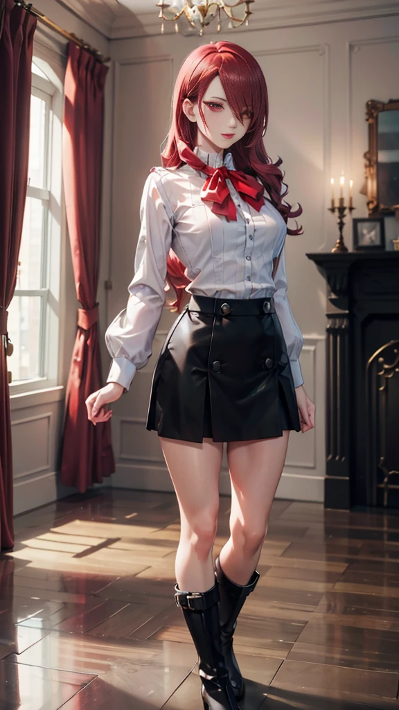   The best quality , ( masterpiece :1.3),  Cinematic lighting , ultra-detail, (highres:1.1), mitsuru kirijou, standing, front view,  looking at the spectator, long dark red hair, ( hair covering a right eye ),  detailed eyes , red eyes,  Big breasts, choker:1.6, red bow on the chest , ((White buttoned shirt)), (shiny black miniskirt), (black boots), elegant room, mansion, night