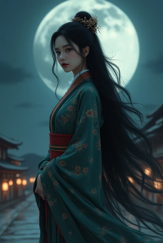 Princess Kaguya、Kyoto、Moon in the background、Black Hair、kimono