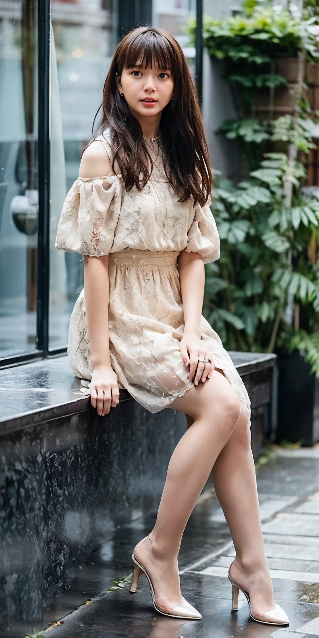   Overlooking the Kingdom of the Night   ,    Medium Long Brown Hair Fluttering in the Style  , bangs ,   White Off Shoulder Sheer Lace Super Mini Dress, Sophisticated Person  ,  Light Gray Pantyhose Full of Transparency and Shiny  ，  Cute White High Heels  