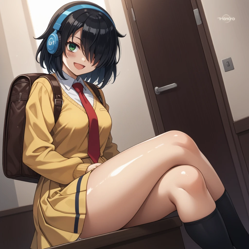 score_9, score_8_up, score_7_up,, solo, source_anime, tomokoxl, bags under eyes, hair over one eye black hair, medium hair, school uniform, red necktie, yellow skirt, short skirt, pleated skirt, yellow jacket, standing, cowboy shot, sitting, crossed legs, thick thighs, shiny skin, focus in crossed legs, underwear, white underwear, shiny underwear, lace underwear, white lace underwear, shiny lace underwear, panties, white panties, shiny panties, only crossed legs pose, sexy crossed legs, perfect crossed legs, sexy legs, big thighs, oiled thighs, oiled legs, smile, open mouth, glowing green eyes, evening time, dark room, breast, big breast, sheer knee highs, black knee highs, black sheer knee highs, backpack, leather backpack, brown backpack, focus in crossed legs, focus in legs, blushing, no shoes, cute feet, cute legs, panchira, huge legs, huge thighs, headphones, blue headphones, Beats Studio headphones, blue Beats Studio headphones, Multiple Views, Dutch Angle, bare feet, bare legs,