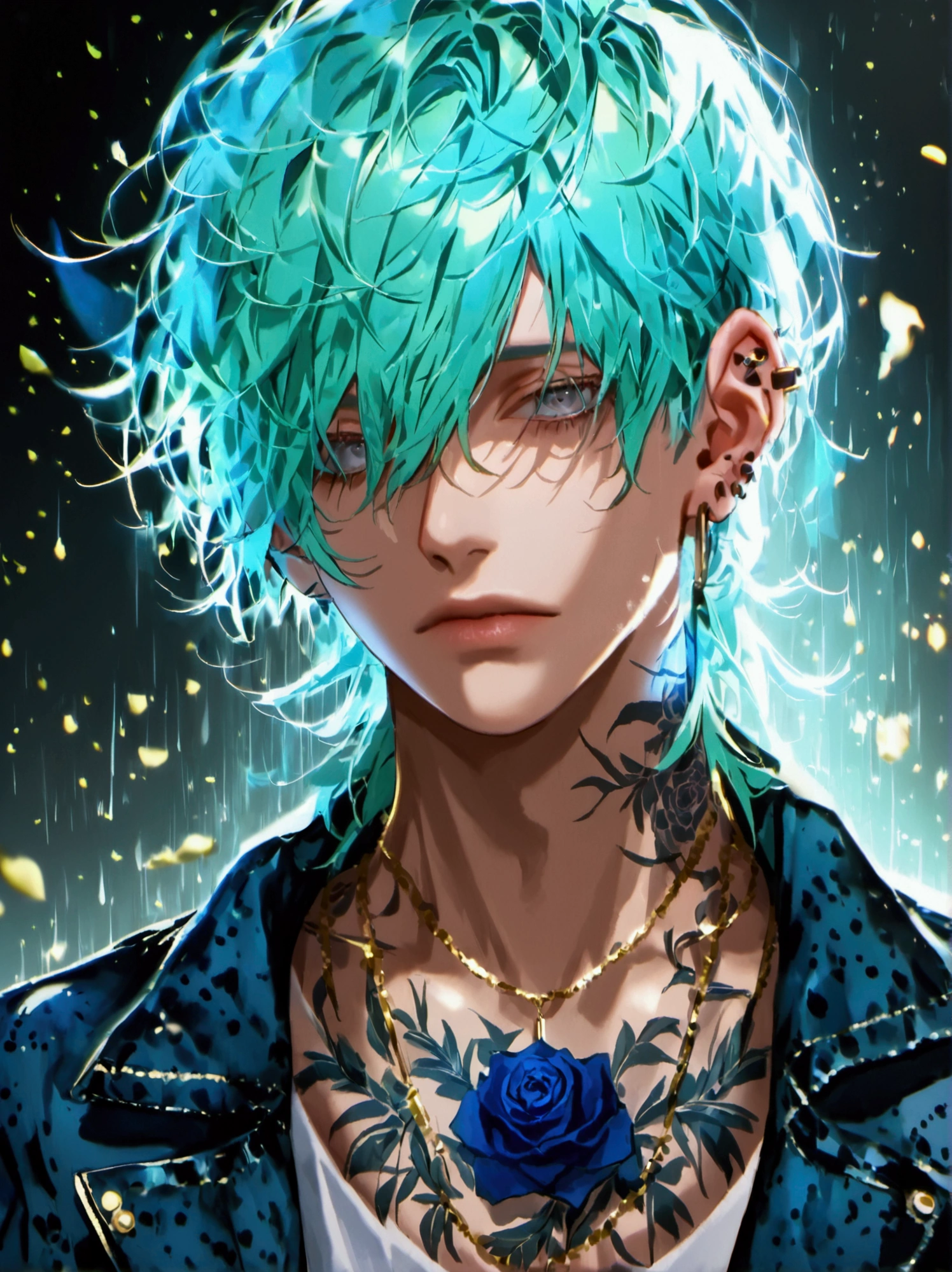 Alone, 1 male, lightgreen hair with lightblue inner color,  Fluttering hair,gray Eyes,  jacket,Stylish,,stylish,Ear Piercing,blue rose tattoo on neck,  Gold Necklace ,  oversized shirt ,Look up,Black Background