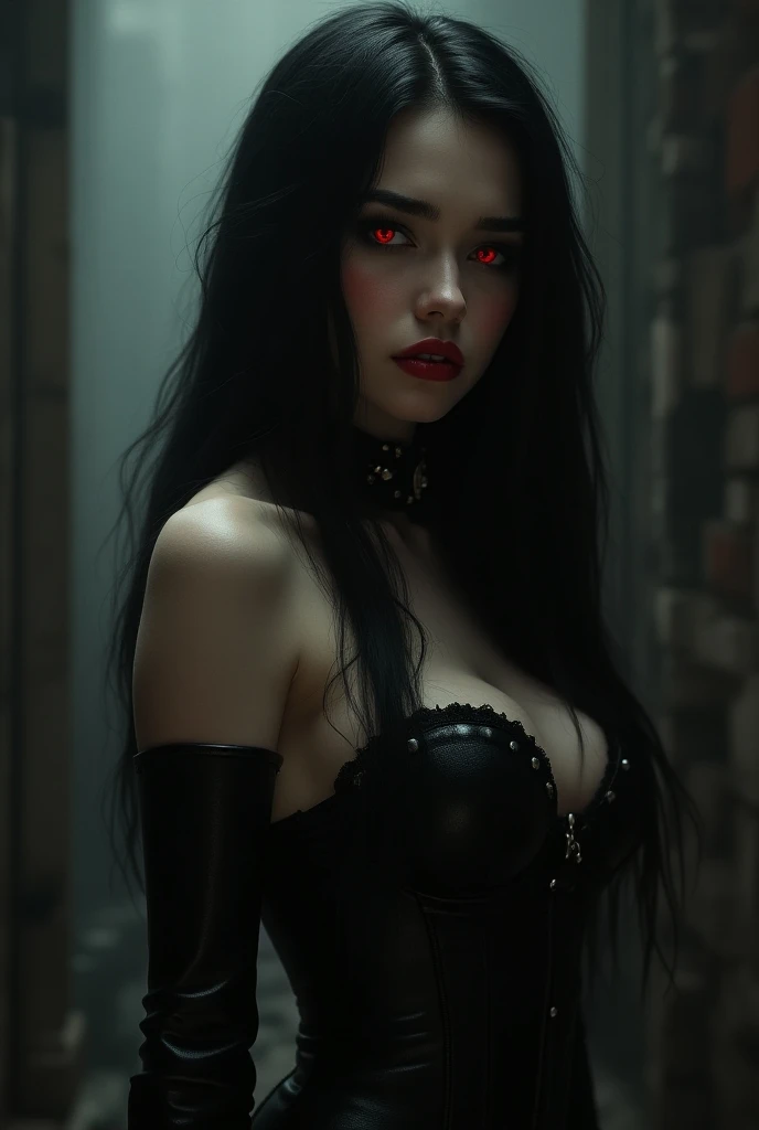 Girl dressed in a black dress and heels with wavy black hair and red eyes