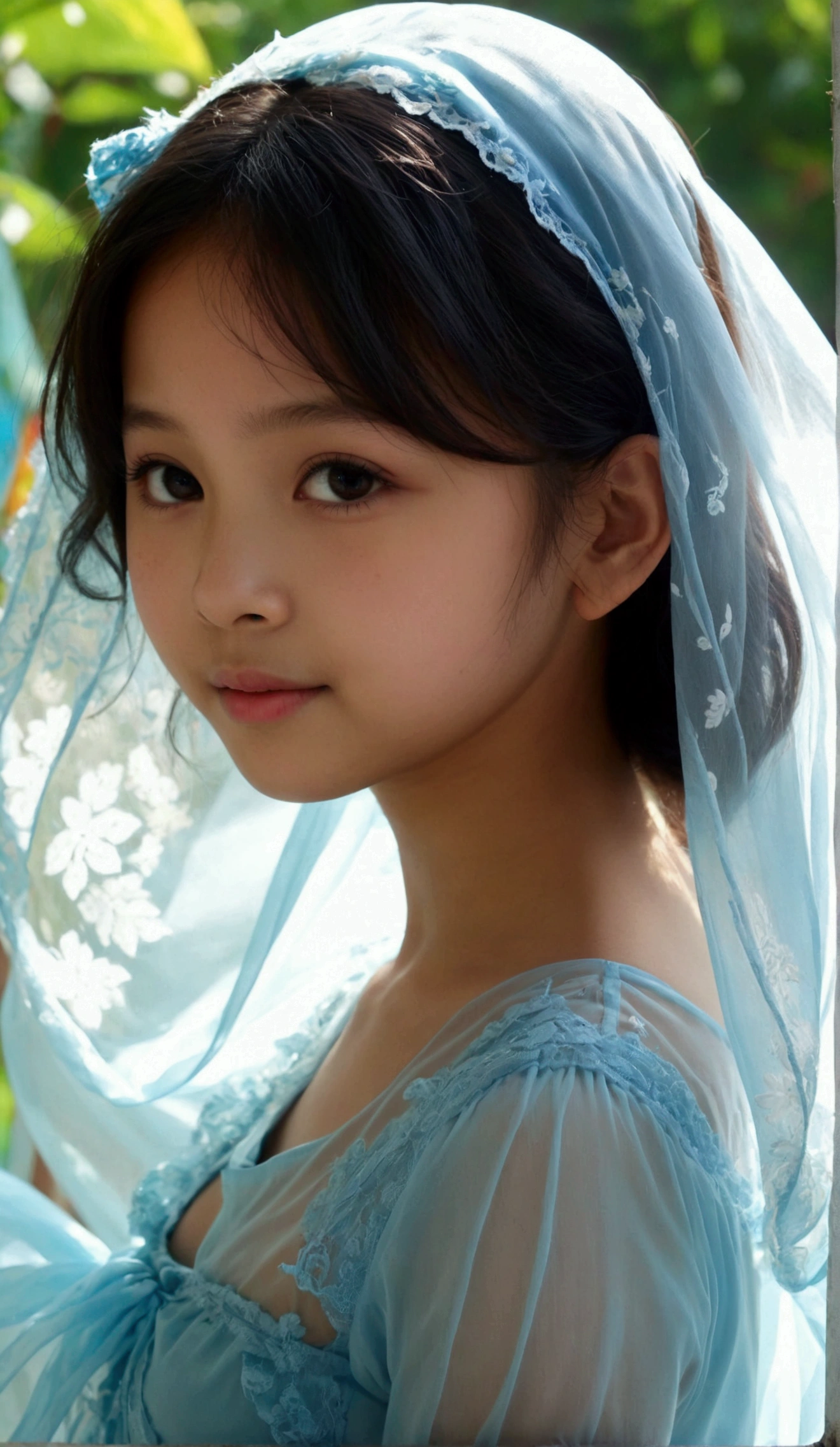 Prettiest Indonesian girl, the cutest girl, sweet young girl on the schoolyard, relaxing, age 9 with beautiful small-budding breast, pale skin, juveniles physique, charming adolescents girl, wear light-blue sheer fabric dress that show off her unique cuteness, thin sheer fabric, translucent clothes, full-body, wind blows her short skirt