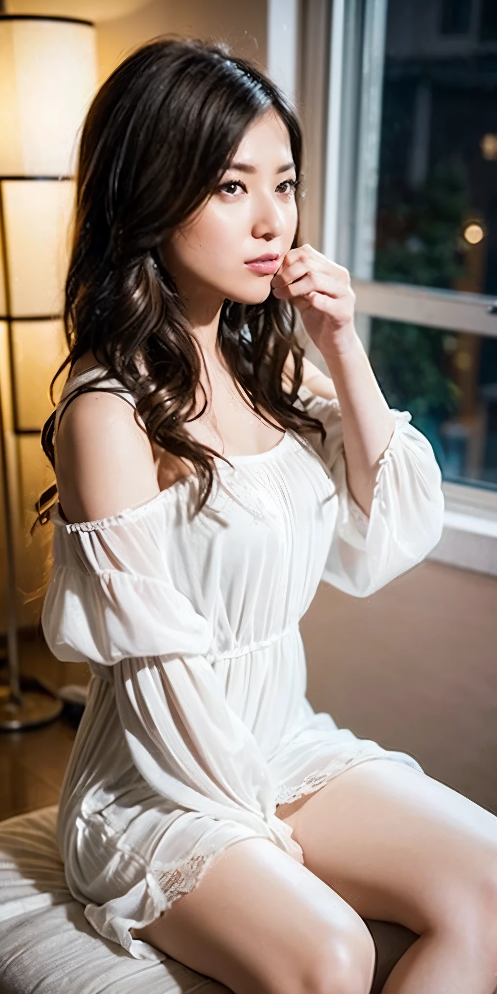   Overlooking the Kingdom of the Night   ,    Medium Long Brown Hair Fluttering in the Style  , bangs ,   White Off Shoulder Sheer Lace Super Mini Dress, Sophisticated Person  ,  Light Gray Pantyhose Full of Transparency and Shiny  ，  Cute White High Heels  