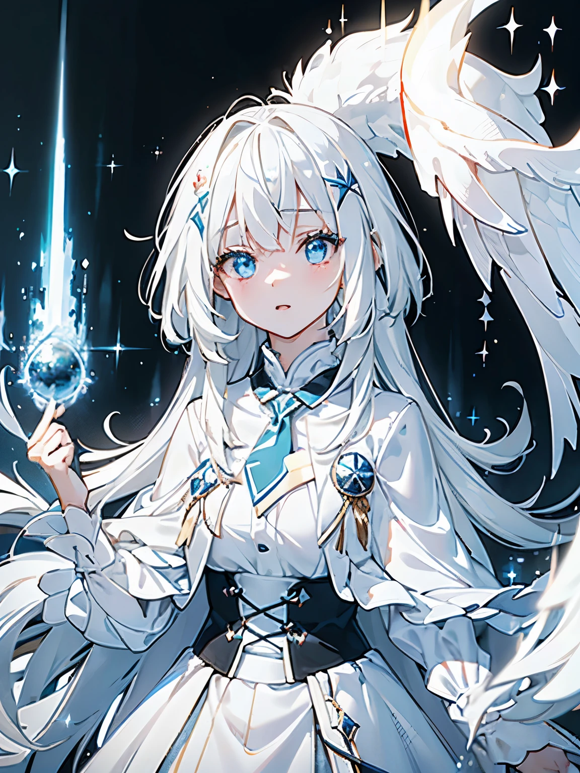 (ultra-detailed, perfect pixel, highres, best quality, beautiful eyes finely detailed), female, magic aura, two colors eye, white hair, white dress, elegant, the background is full of magical particles, glowing light, reflection light, motion blur, 8k, super detail, accurate, best quality, Ray tracing.