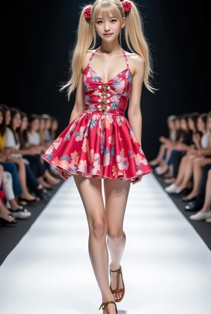 1girl, Alone、gal ,(long twin tails),hair ribbon,Blonde,brown eye、Beautiful woman, smiling, model beauty, slim figure, wearing a vibrant dress. Her whole body was shown walking on the runway of a fashion show, bright, photo quality image