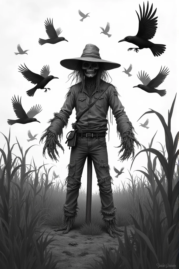 Scarecrow, crows around, clouds, 4K,horor, realistic,landscape