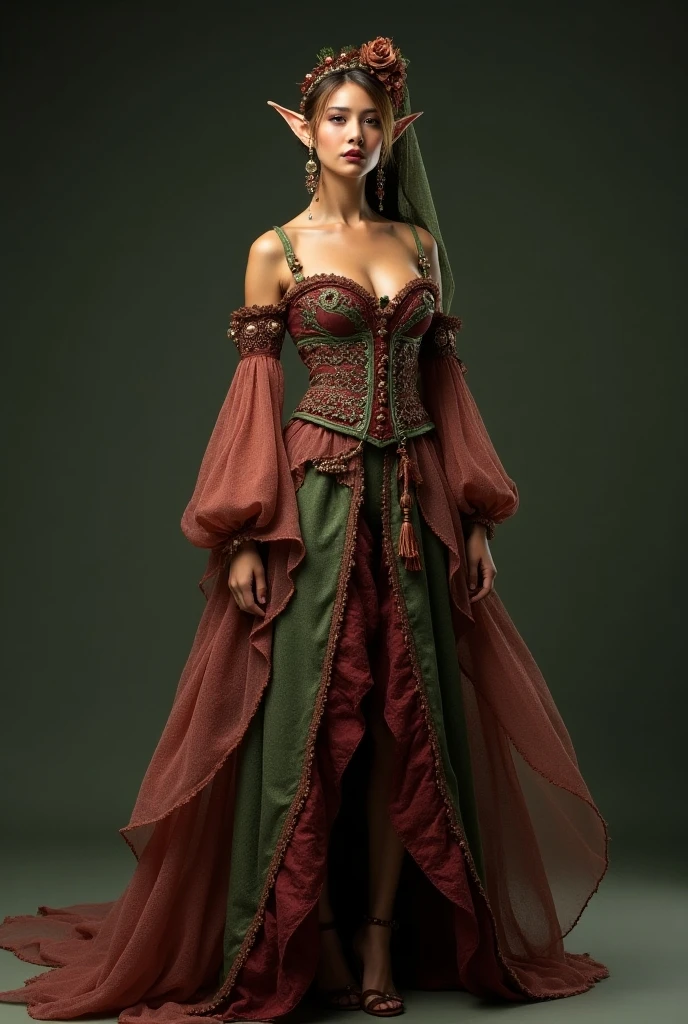  Design a theatrical costume for a woman who is an elf assistant to Santa Claus , But with Colombian style ,  that the textures of her fabrics are brown, dark red, dark green and their texture is like a sack 