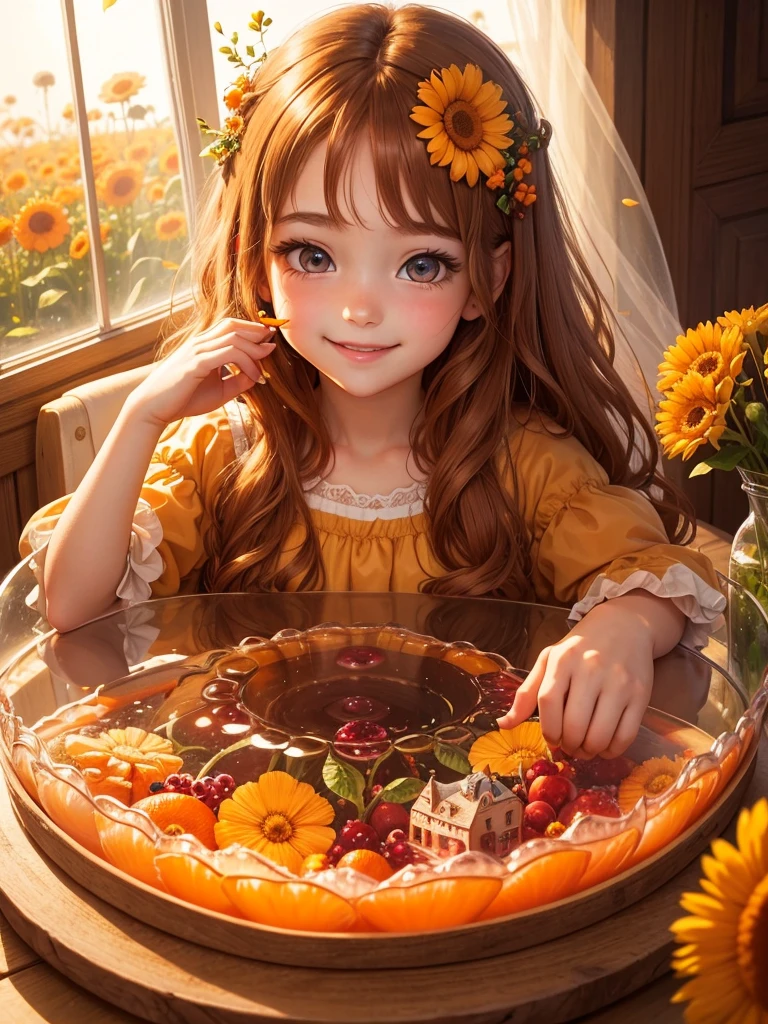 The best picture quality, detailed eyes, long eyelashes, fairy tale world, a clear jelly with lots of fruit on it, a young 5 year old girl smiling and eating jelly, a happy smile, the best smile, a very pretty innocent girl, chestnut hair, amazingly very large round shiny eyes, orange summer flowers outside the window,