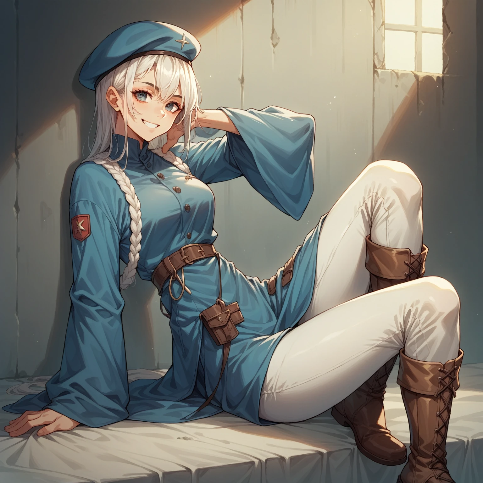 Falin Touden . Falin usually wears a white long-sleeved shirt and white pants., all under a dark blue tunic.  Complete her look with knee-length brown boots and a beret that sets her apart.  look at the spectator  ( masterpiece , High quality: 1.1) smile