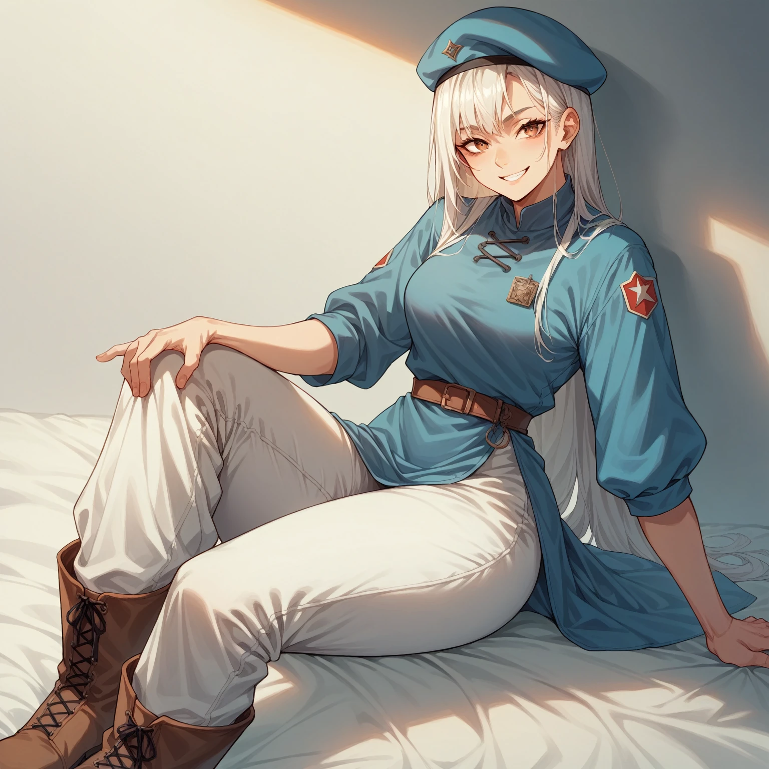 Falin Touden . Falin usually wears a white long-sleeved shirt and white pants., all under a dark blue tunic.  Complete her look with knee-length brown boots and a beret that sets her apart.  look at the spectator  ( masterpiece , High quality: 1.1) smile