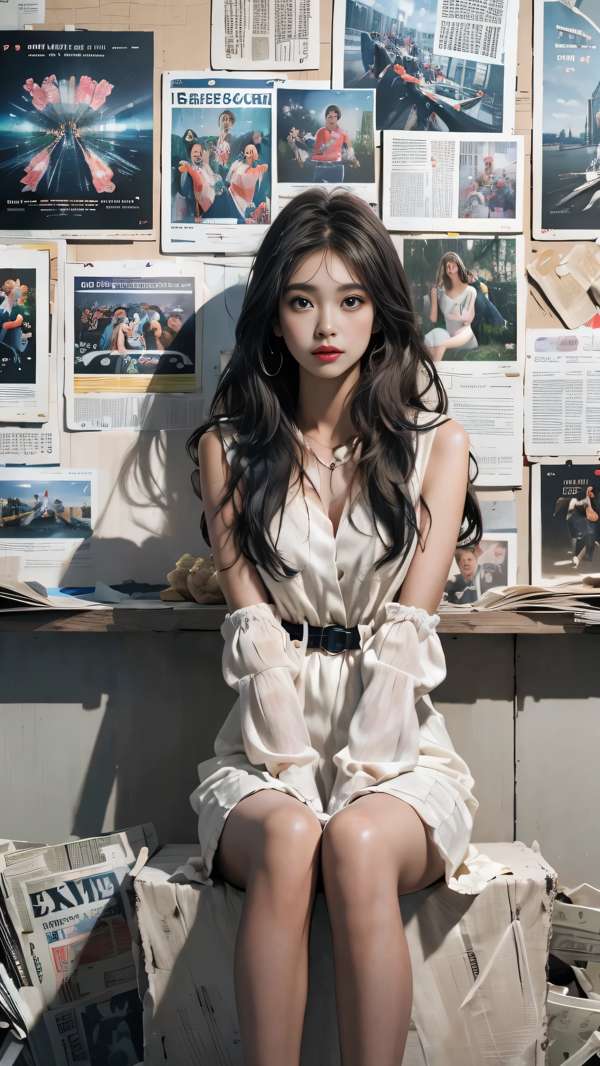 masterpiece, best quality, super detailed , Other details of CG Unity 8K,1 Girl, white dress,flower,balloon,newspaper,At sea,,newspaper background,