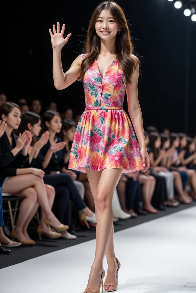 Beautiful woman, smiling, model beauty, slim figure, wearing a vibrant dress. Her whole body was shown waving and walking on the runway of a fashion show, bright, applauding audience, photo quality image,masterpiece, top quality, best quality