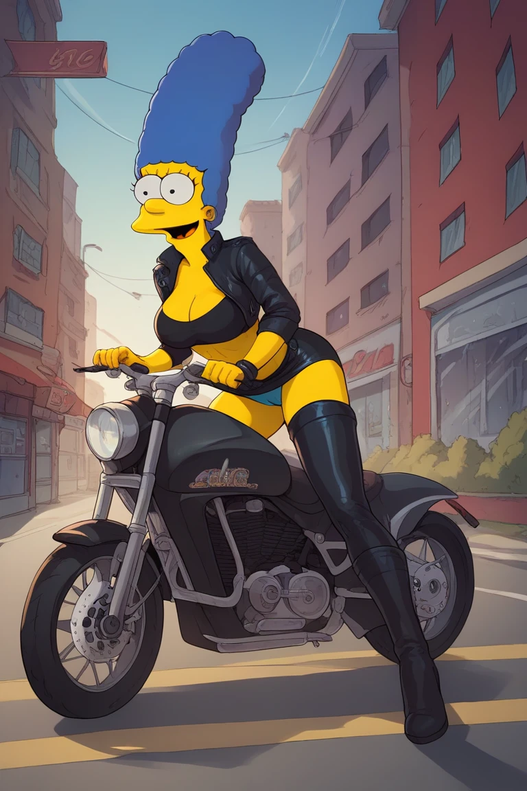 Marge Simpson very beautiful smiling with a super sexy body ((big breasts)) blue hair, with A female biker in a provocative outfit including a tight black leather jacket, paired with a tight leather crop top and micro skirt. She is wearing black thigh high boots and a biker helmet which she carries under her arm. The scene is set on an open road or near a Harley motorcycle, with a cityscape or countryside in the background, she looks very sensual.