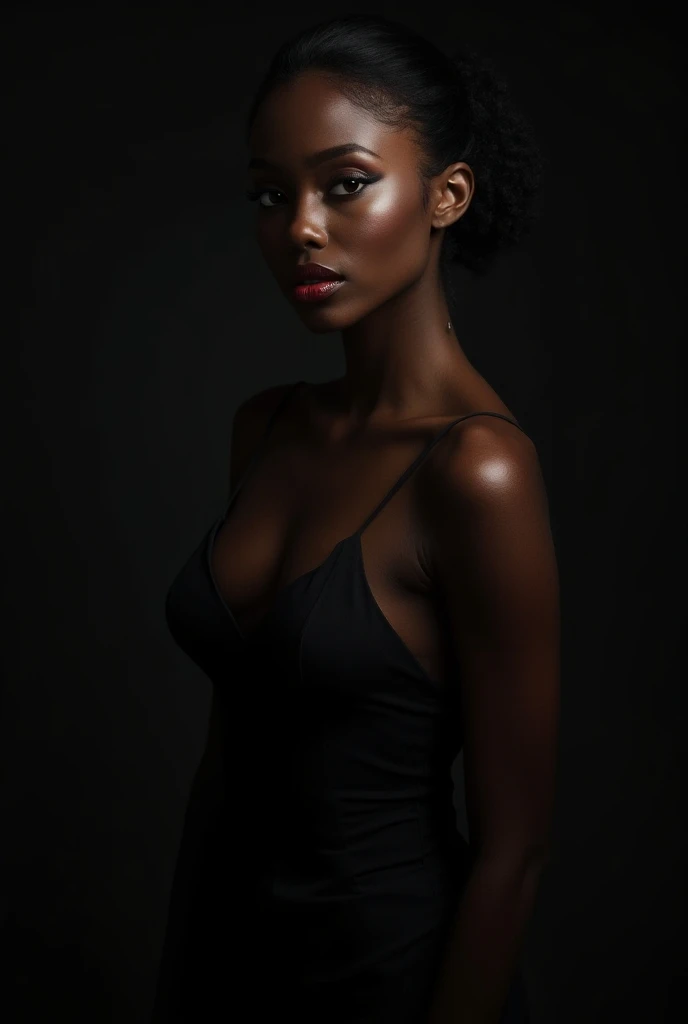 one beautiful girl, ebony skin, light african skin, curly hair, red lips, eyes closed, face dirty with dust and blood, away from the camera, beside, showing from the waist up, perfect body, black background, realistic, work of art