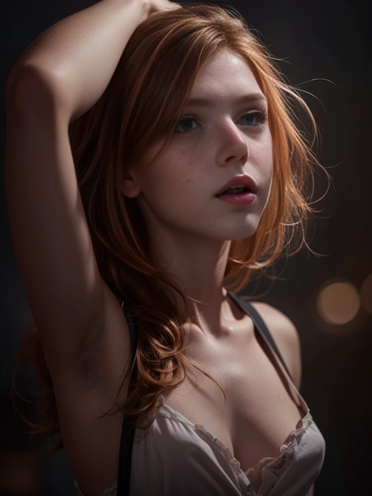  young Russian girl at night close angle photorealism,8 k,imperfect skin ,light makeup,open mouth,reddish hair,Pale skin with freckles