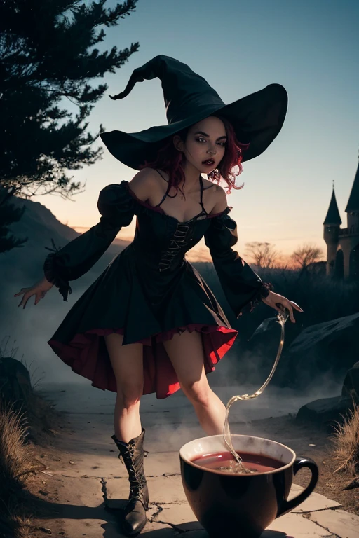 masterpiece, best quality, nsfw, (upskirt) portrait photograph of a gorgeous teasing 30 yo female witch with red short hair (wearing a puffy black dress) with (no panties) while holding a broom and looking down at viewer. The full moon and the night sky can be seen in the background, the witch's pussy is visible.