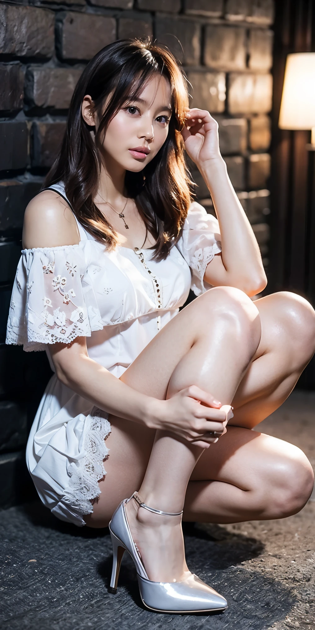   Overlooking the Kingdom of the Night   ,    Medium Long Brown Hair Fluttering in the Style  , bangs ,   White Off Shoulder Sheer Lace Super Mini Dress, Sophisticated Person  ,  Light Gray Pantyhose Full of Transparency and Shiny  ，  Cute White High Heels  