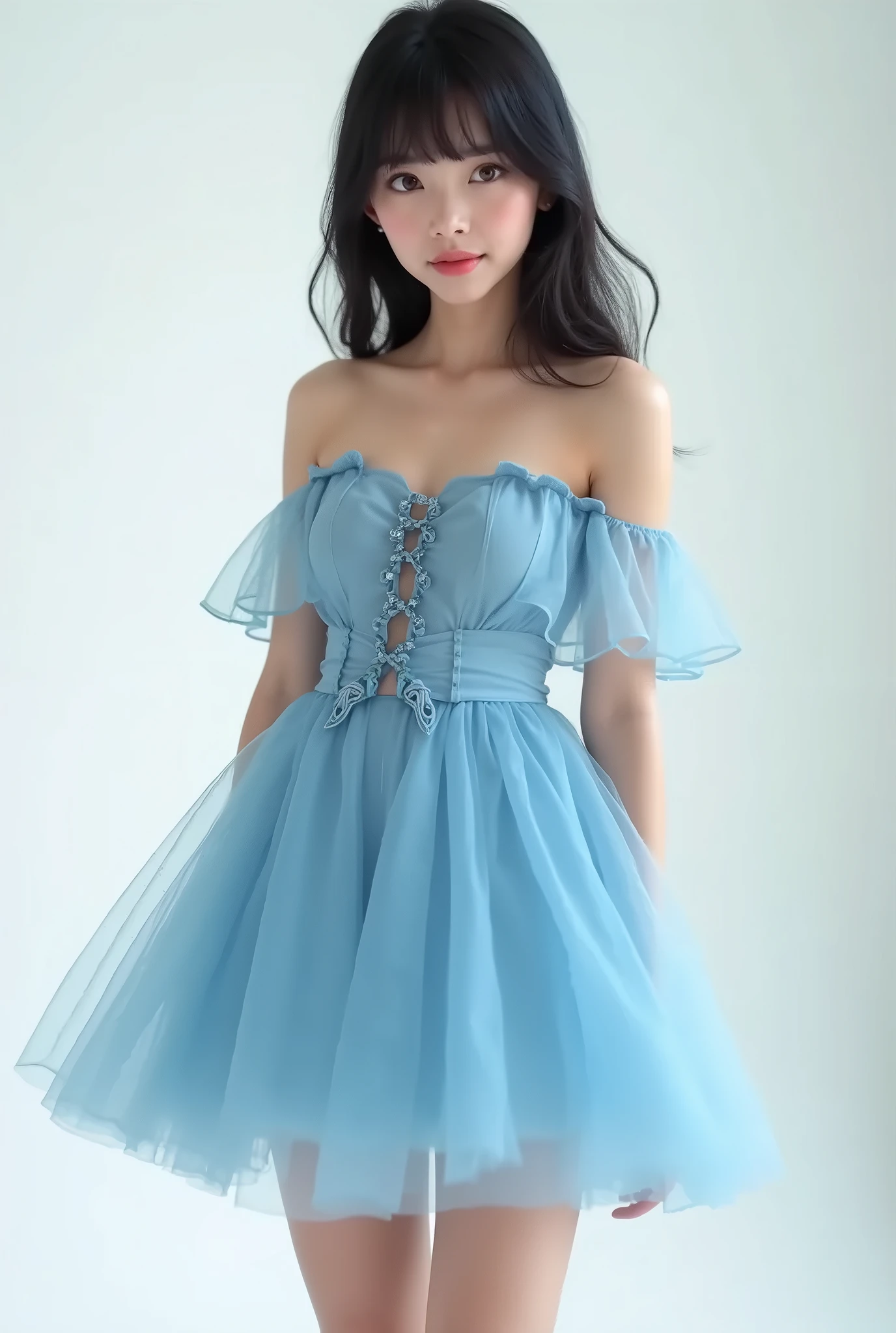 a 14 year old argentinian girl in a beautiful blue dress, extremely detailed face and eyes,beautiful detailed lips,longeyelashes,slim body,perfect body,smiling,photorealistic,highres,8k,best quality,masterpiece,ultra-detailed,vivid colors,intricate details,studio lighting