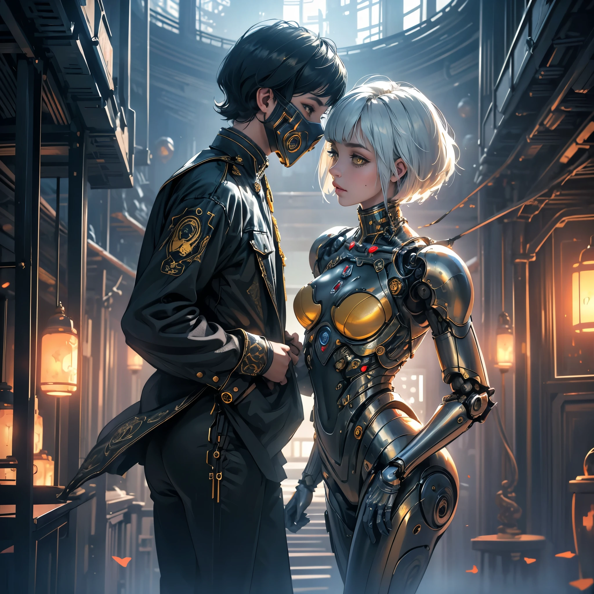 (masterpiece:1.2,high quality), 1girl, ((ultra realistic details)), global illumination, shadows, Unreal Engine, octane render, 8k, ultra sharp, metal, intricate, ornaments detailed, highly intricate details, yellow eyes, (mechanical body:1.2), white hair, (black gas mask), Gear, bob cut, hundreds of wires, Terran, (Robot, android:1.15), Apocalypse, broken buildings