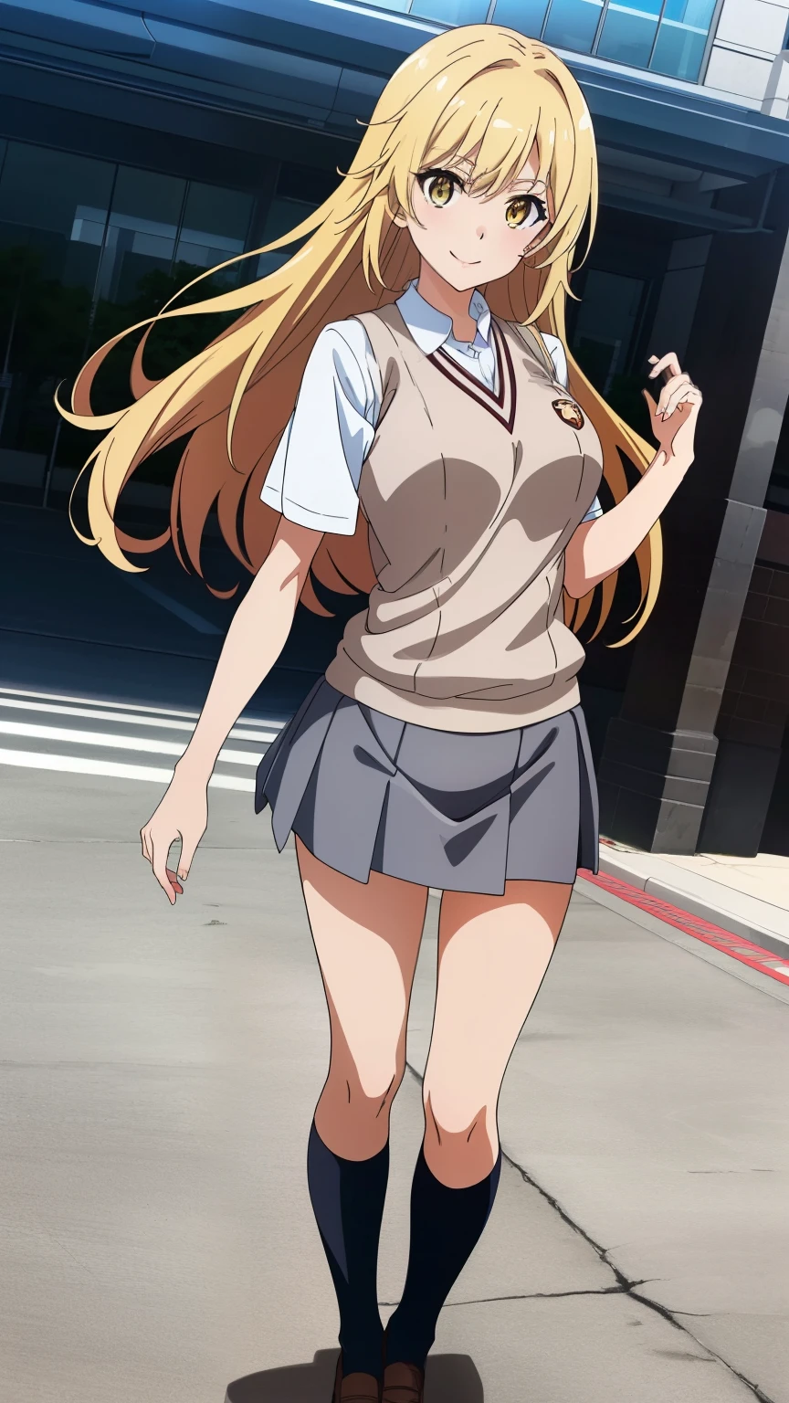 (masterpiece, best quality, high resolution, 8k:1.2), (anime coloring), ultra HD, wallpaper, illustration, beautiful detailed eyes, perfect face, cowboy shot, beautiful detailed eyes, extremely detailed face, perfect lighting, extremely detailed CG, perfect hands, perfect anatomy, perfect body, perfect hands, perfect fingers, 1woman, full body, megami magazine, (blonde hair long hair), (yellow eyes:1.1), (large medium breasts:1.1), medium buttocks, (tokiwadai school uniform, white Y-shirt, maroon vest, grey miniskirt, smile, city), looking at viewer, sexy pose, dutch angle, (cowboy shot:1.2) (A Certain Scientific Railgun character Shokuhou Misaki),