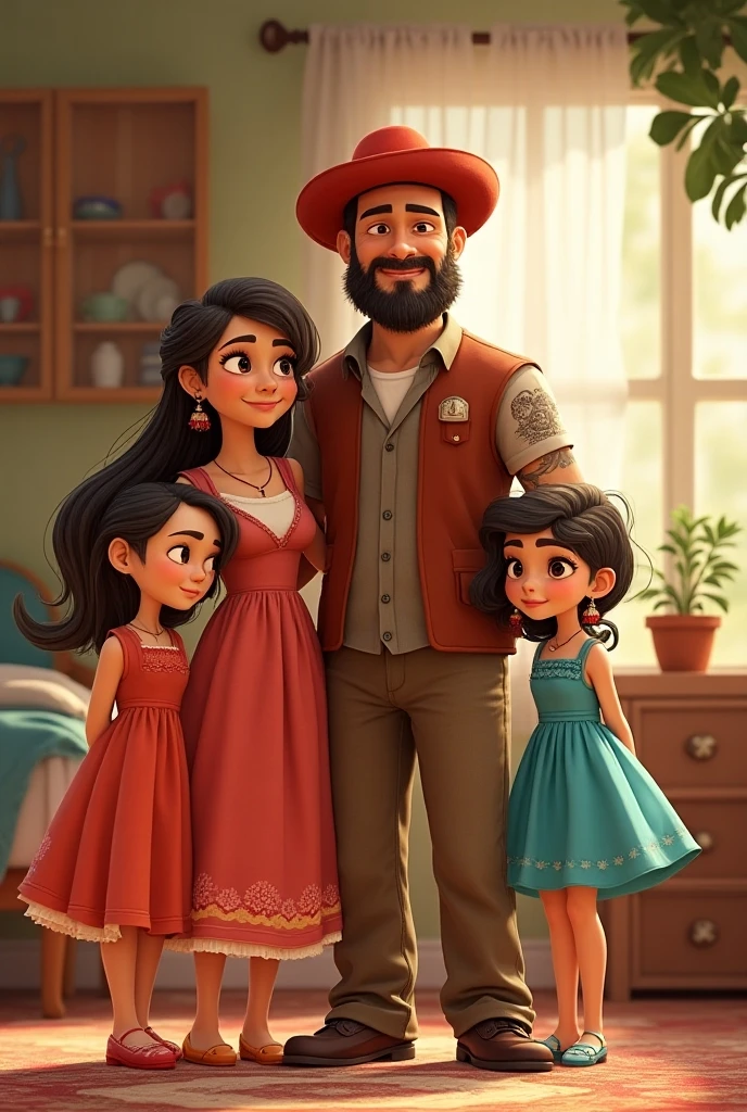 Create an image of a family of 4 people, 2 fathers and 2 girls, The father is tall and chubby and the mother has cinnamon skin and medium height.; One girl looks like her dad and the other likes her mom. The mom's hair is wavy with a Latin look and they have a Roman cat.