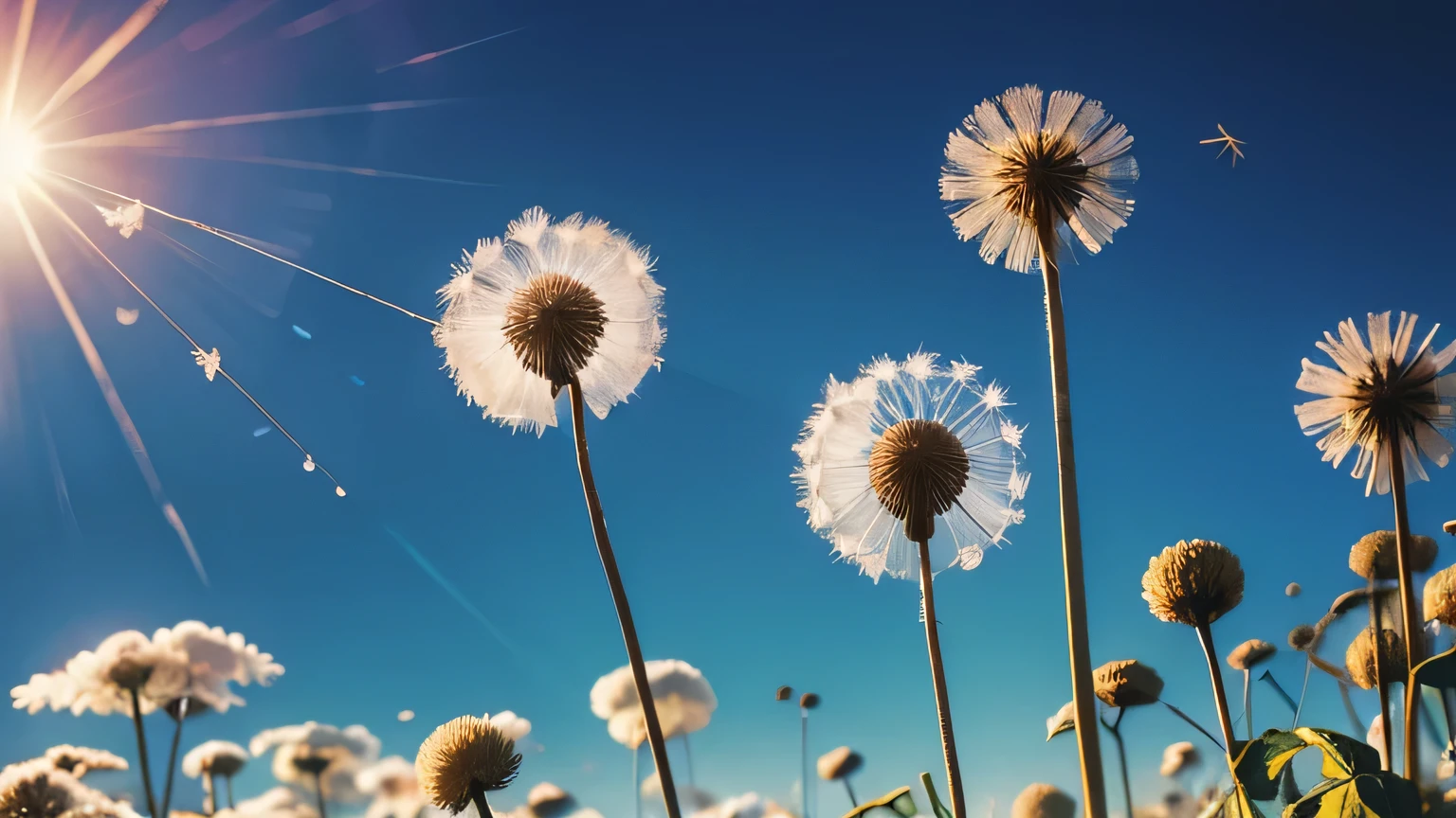 Dandelion fluff in the blue sky


