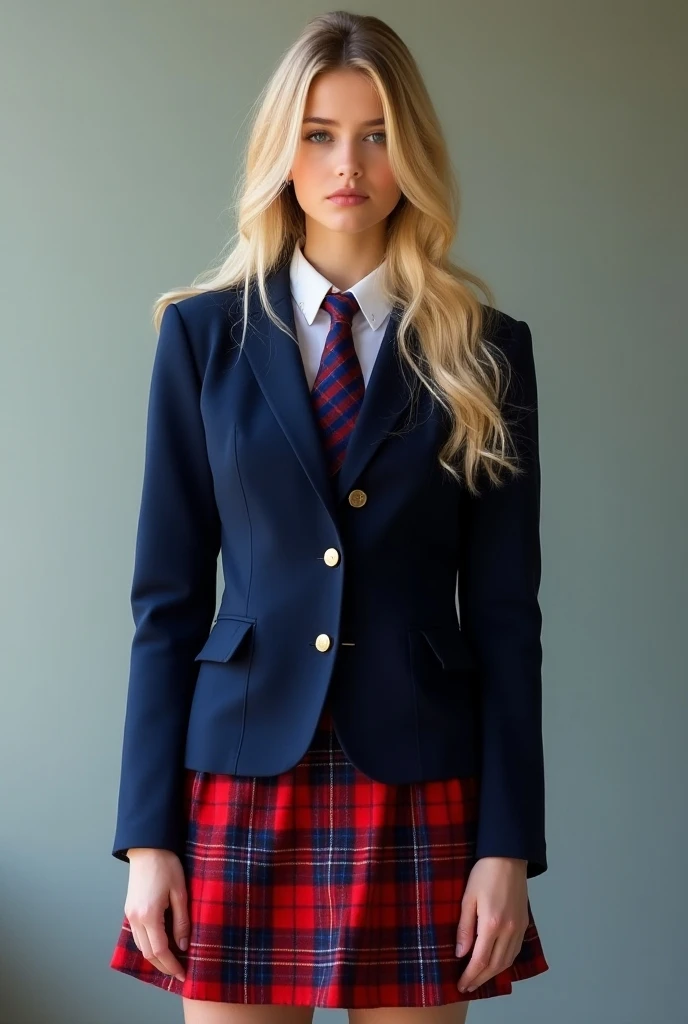 Blonde girl in uniform. School showing her breasts 
