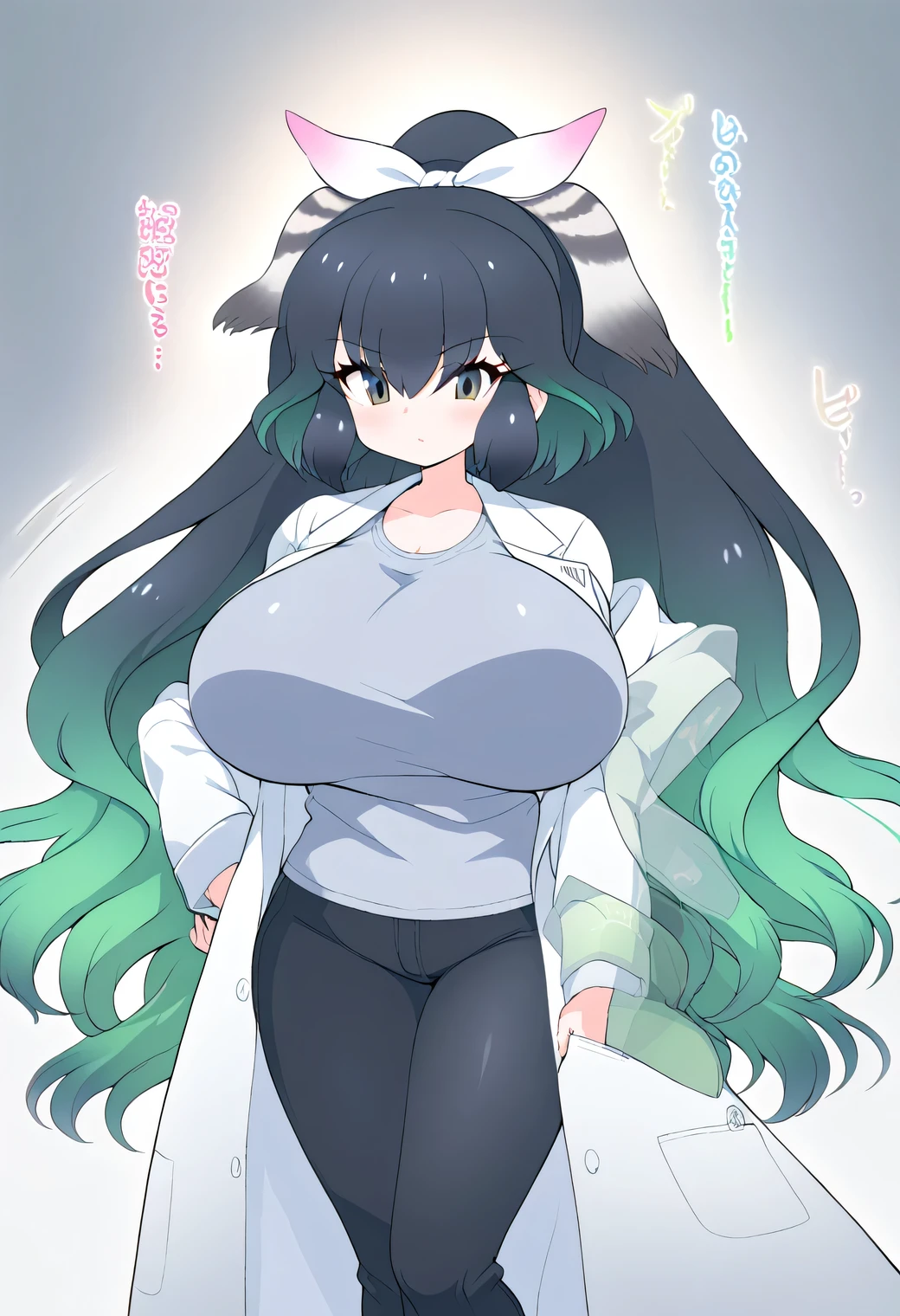 Kemono Friends, Kako, Wavy hair, long black hair with a strong blue tint, tied in a ponytail with a ribbon, the ends of the hair are a light green gradient, a light gray shirt, black pants, a white coat, (huge breasts), knee shot